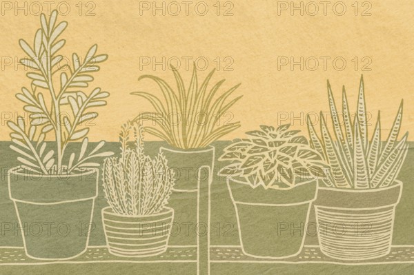 Various potted plants are displayed against a warm background, creating a serene atmosphere in a home environment. The illustration captures a mix of plant shapes and sizes
