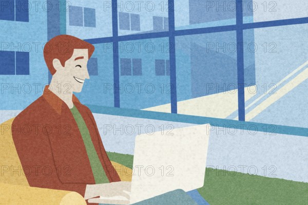 A man sits comfortably on a couch in a modern workspace, smiling while using his laptop The large windows provide a view of a vibrant urban environment, adding to the lively atmosphere