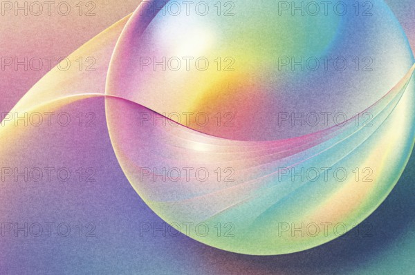 Vivid hues blend seamlessly in an abstract composition featuring a large sphere Its smooth curves and grainy background create a dynamic visual experience, reflecting light in intriguing ways