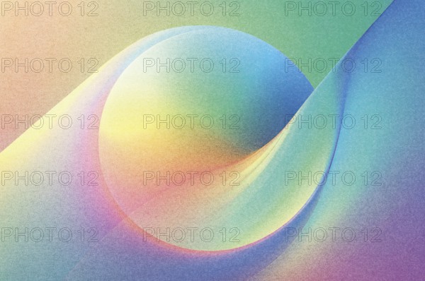 Soft curves and a large sphere create an eye-catching gradient composition filled with varying hues The grainy texture enhances its abstract qualities while inviting exploration