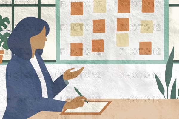 A businesswoman is seated at a table, writing notes while gesturing towards a wall covered with sticky notes The setting is bright and features plants, creating a lively atmosphere