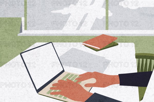 A person is using a laptop at a bright and airy workspace with large windows Papers and notebooks are nearby, creating an inspiring environment for focus and creativity