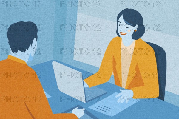 Two professionals engage in a discussion in a contemporary office, with one person using a laptop and the other providing feedback The atmosphere is collaborative and focused