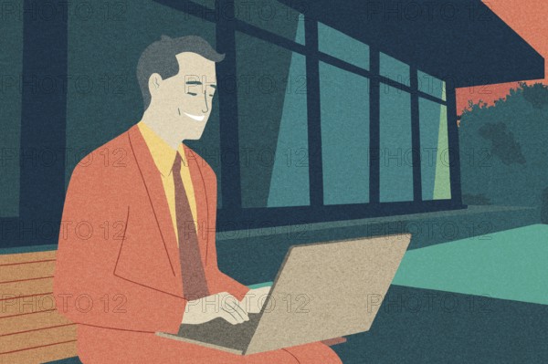 A business professional in a bright suit works on a laptop outside a contemporary building The atmosphere is relaxed, showcasing focus and productivity in a serene environment