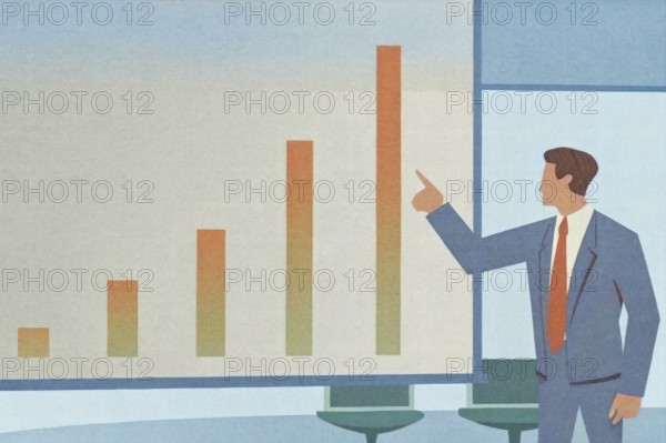 A professional addresses an audience in a sleek office, presenting a bar chart that shows significant growth trends The atmosphere is focused and engaged, enhancing corporate strategy discussions