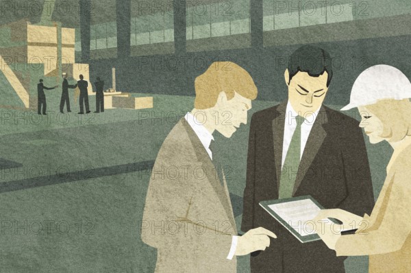 Three professionals consult over a tablet in a warehouse, surrounded by stacks of boxes Colleagues can be seen discussing logistics in the background during work hours