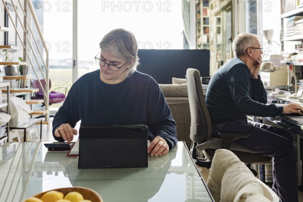 A senior couple sits in a bright home office, one using a tablet, the other focusing on a computer Books and natural light create a cozy, productive atmosphere