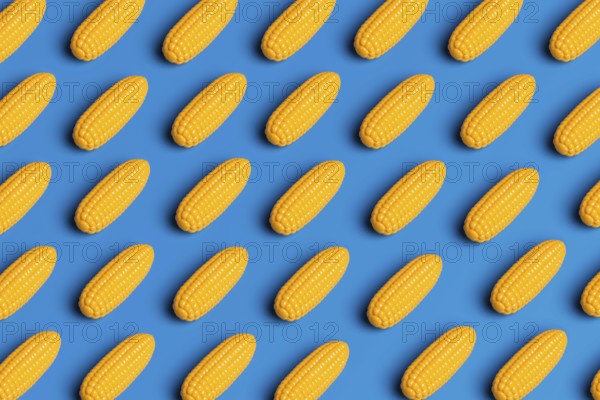 A pattern showcasing plastic corn against a blue background, highlighting the artificiality in modern diet culture Examines the impact of junk food and sustainability issues