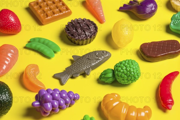 A vibrant collection of colorful plastic food models against a yellow background depicts the critique of junk food and diet culture, highlighting artificial choices