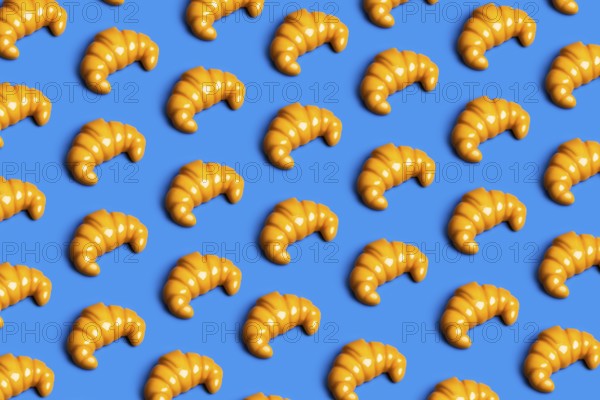 A vibrant pattern of plastic croissants against a blue background, symbolizing the clash between junk food consumption and diet culture in modern society