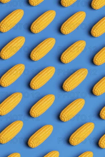 Stylized corn cobs arranged on a vivid blue background, symbolizing critique of junk food and plastic culture The image showcases artificiality with vibrant colors