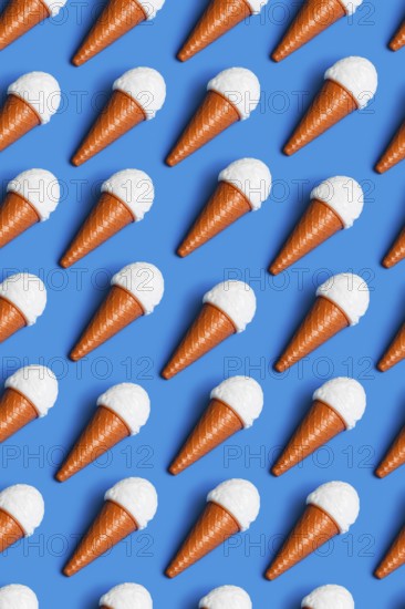 Vibrant pattern of plastic ice cream cones on a blue background, symbolizing critiques of junk food and artificial diet culture Highlights environmental impact and unhealthy eating habits