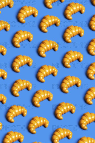 Brightly colored plastic croissants on a vibrant blue background, symbolizing the critique of modern junk food and diet culture with an artistic and ironic twist