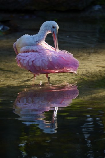 Pink bird preens elegantly in calm water, soft reflection, Roseate Spoonbill (Ajaja ajaja), spring, St. Augustine, Florida, USA