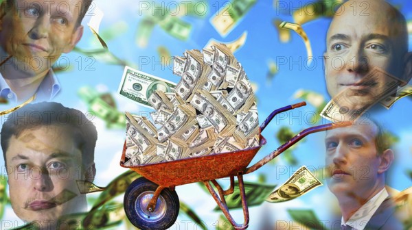 Symbolic image, richest tech bros rule the world, Elon Musk, Peter Thiel, Jeff Bezos, Mark Zuckerberg, freedoms under corrupt President Donald Trump, dollar continued reserve currency or crash, political security, purchasing power, stable currency, currency war, Wall Street and DAX recovery, President Trump erratic decisions, worldwide tariffs, share prices, euro, euro exchange rate, euro rate, euro high, exchange rates, dollar parity, gel investment, recession concerns, inflation, exports, raw materials and intermediate products in dollars, oil in dollars, world crisis, Ukraine war, Germany, loss of demoracy, autocracy, China, Russia