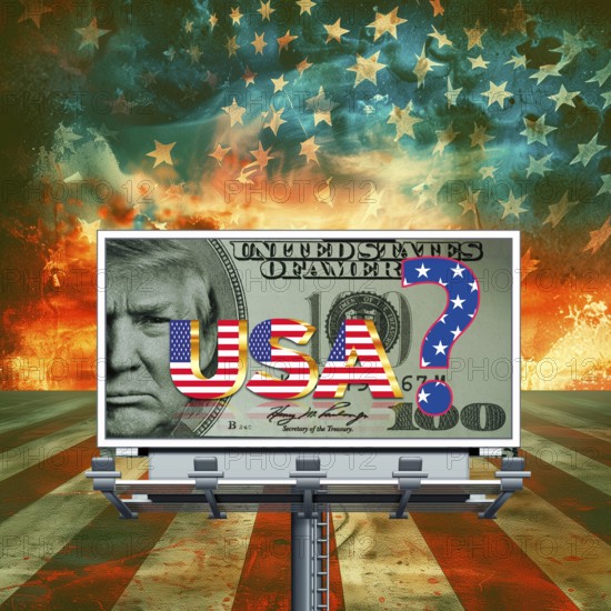 Symbolic image, quo vadis USA, Trump and Maga movement as a threat to US democracy, global danger, family enrichment, climate change and nature are fake news, Bitcoin king, kleptocracy, price development, Bitcoin questionable due to extreme energy requirements, stock market prices, uncertain digital currency, resources, energy, industry, economy critical, stock market hype, stock market crash, payment, insolvency, wrong decisions, maximum profit, profit slump, share prices, location Germany, global economy, globalization, environmental protection, mafia, Trump government, Bitcoin rally, cryptocurrency, electronic wallet wallet, crypto reserve, stock exchange trading, gold replacement currency