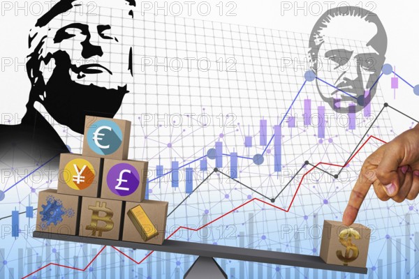 Symbolic image, Trump enrichment, dollar devaluation, questionable speculation gains for himself, corrupt president, deal and tariff as an ultimatum, stock prices, uncertain digital currency, resources, energy, industry, critical economy, stock market hype, stock market crash, payment, insolvency, wrong decisions, maximum profit, profit slump, share prices, location Germany, global economy, globalization, environmental protection, mafia, Trump government, Bitcoin rally, cryptocurrency, electronic Wallet wallet, crypto reserve, price development, stock exchange trading