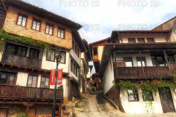 Veliko Tarnovo, Bulgaria. September 26th 2023 Traditional Bulgarian wooden houses, typical architecture of Veliko Tarnovo, located on the Yantra River in north central Bulgaria