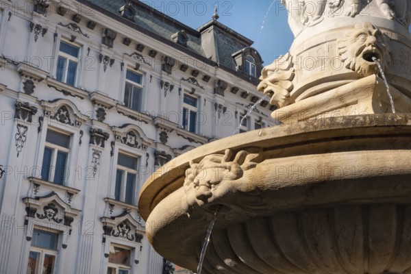 Bratislava, Slovakia. October 2nd 2023 Traditional architectural detail of a fountain with gargoyles on Hlavne Namestie, the main town square in Old Bratislava, Slovakia