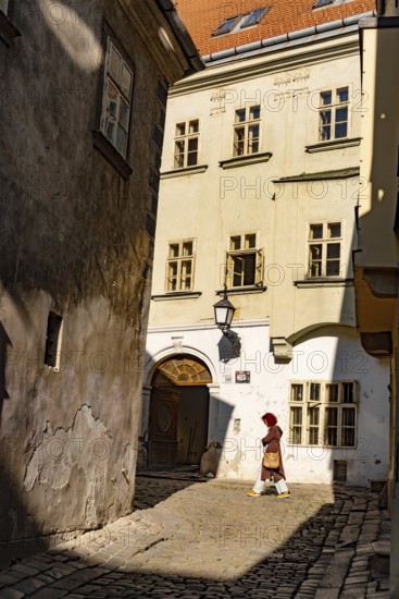 Bratislava, Slovakia. October 2nd 2023 Beautiful houses and cobbled narrow pedestrian only streets of the Old Town of Bratislava, Slovakia