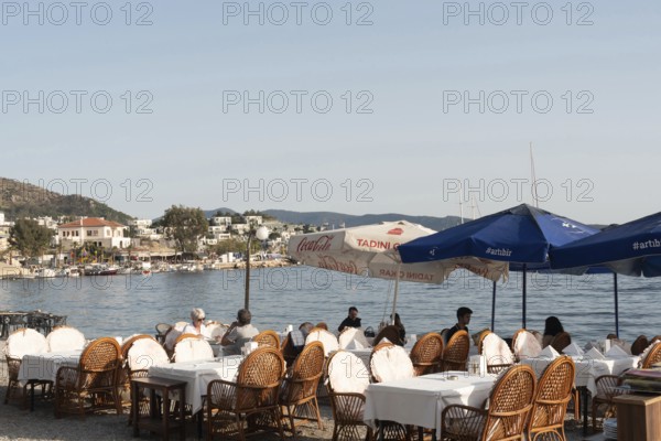 Bodrum, Turkey. April 23rd 2022 Turkish restaurant on the beach of Bodrum harbour, a popular tourist destination in southwest Turkey