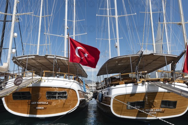 Bodrum, Turkey. April 22nd 2022 Yachts moored in the historical port of Bodrum, Mugla, along the turquoise coast of southwest Turkey, a popular scenic tourist destination