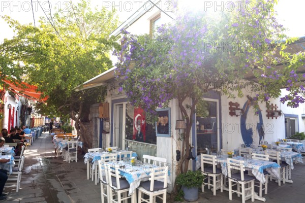 Bodrum, Mugla, Turkey. April 23rd 2022 Charming side streets with cute and trendy cafes and restaurants in Bodrum old town, the Aegean seaside city in Western Turkey