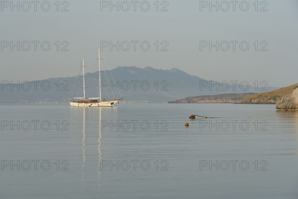 Bodrum, Turkey. April 22nd 2022 Stunning calm seascape with a luxury yacht moored at the Gulf of Gokova in Bodrum, Mugla on the south west coast of Turkey