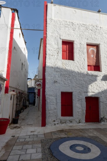 Bodrum, Mugla, Turkey. April 22nd 2022 Beautiful red painted building in the side streets of Bodrum old town, a vibrant and lively city on the south western coast of Aegean Turkey