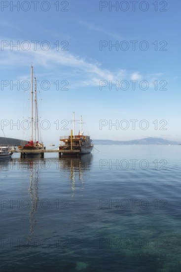 Bodrum, Mugla, Turkey. April 21st 2022 Gorgeous cool morning sunlight on yachts moored in Bodrum marina on the west coast of Aegean Turkey