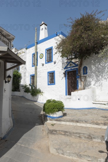 Bodrum, Turkey. April 23rd 2022 A pretty street with traditional local architecture in the lanes of Bodrum Old Town, Turkish Aegean Coast, Turkey