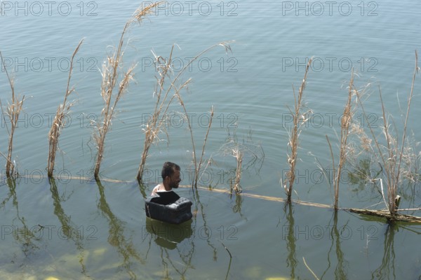 Rosetta, Egypt. June 27th 2024 An Egyptian fishermen checks his fish traps using wire baskets and reed plants placed in the shallow water of the River Nile at Rosetta in the Nile Delta, Egypt