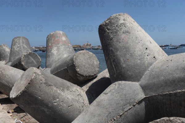 Huge concrete bollards placed on the Mediterranean Sea front on Alexandria to protect against rising sea levels and the risk of flooding the second largest city in Egypt