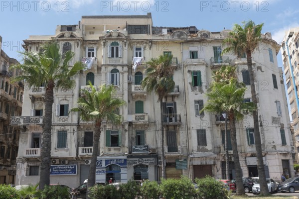 Weather worn traditional architecture of Alexandrian Mediterranean Sea front, Egypt