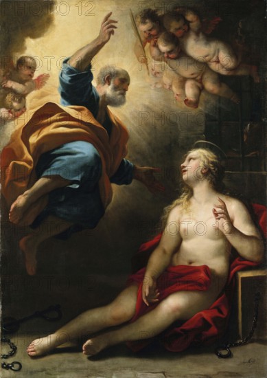 Luca Giordano (born 18 October 1634, died 3 January 1705), called Fa Presto, Italian Baroque painter and etcher, Saint Peter healing Saint Agatha, Saint Peter healing Saint Agatha, Painting, Reproduction of the painting in its original state, Work of art, Historical, A man hovers over a woman, surrounded by angels, in a dramatic Baroque depiction