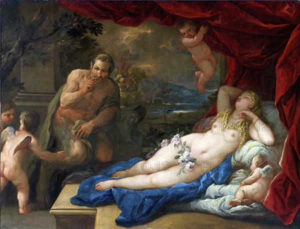 Luca Giordano (born 18 October 1634, died 3 January 1705), called Fa Presto, Italian painter and etcher of the Baroque period, Jupiter And Antiope, Jupiter and Antiope, Painting, Reproduction of the painting in its original state, Work of art, Historical, Depiction of a mythological scene with Venus surrounded by putti and a satyr. Luxurious and sensual atmosphere