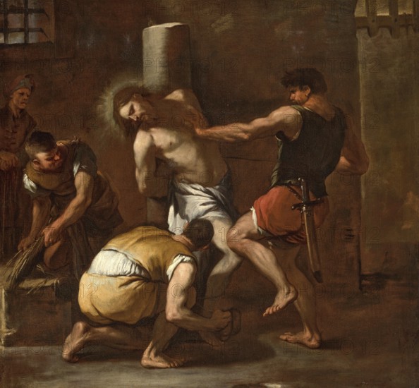 Luca Giordano (born 18 October 1634, died 3 January 1705), called Fa Presto, Italian painter and etcher of the Baroque period, The Flagellation, Painting, Reproduction of the painting in its original state, Work of art, Historical, A man is bound and whipped by several others in a gloomy, claustrophobic scene