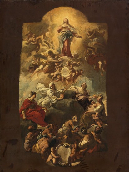 Luca Giordano (born 18 October 1634, died 3 January 1705), called Fa Presto, Italian painter and etcher of the Baroque period, The Assumption Of The Virgin, painting, reproduction of the painting in its original state, work of art, historical, angels and saints in a heavenly scene, surrounded by clouds, in a spiritual vision