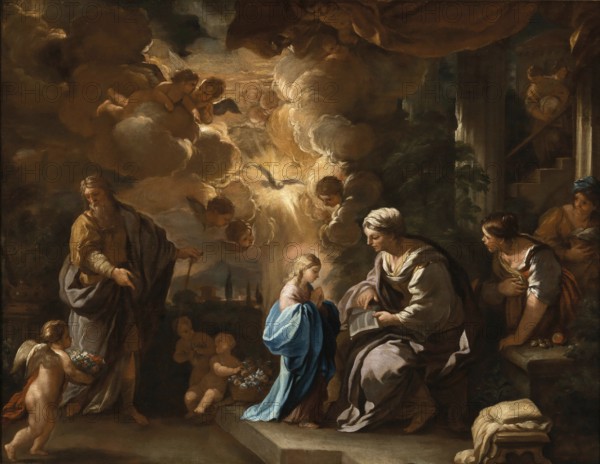 Luca Giordano (born 18 October 1634, died 3 January 1705), called Fa Presto, Italian painter and etcher of the Baroque period, The Education of the Virgin, Painting, Reproduction of the painting in its original state, Work of art, Historical, A family sits in conversation, surrounded by angels and clouds in a warm, golden evening mood