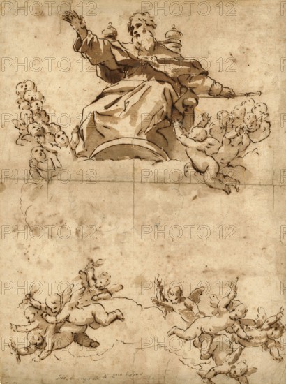 Luca Giordano (b. 18 October 1634, d. 3 January 1705), called Fa Presto, Italian Baroque painter and etcher, The Almighty with Angels (ca. 1650-69), Painting, Reproduction of the painting in its original state, Work of art, Historical, A majestic god enthroned in the clouds surrounded by angels in a drawing