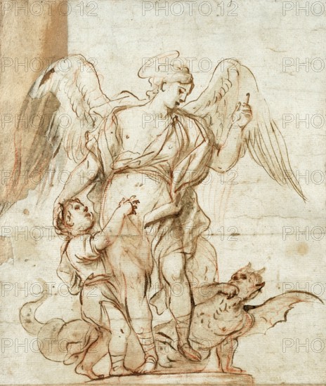 Luca Giordano (born 18 October 1634, died 3 January 1705), called Fa Presto, Italian painter and etcher of the Baroque period, Study for a sculpture, Study for a sculpture, Painting, Reproduction of the painting in its original state, Work of art, Historical, An angel with wings and a child stand next to a dog in an old sketch