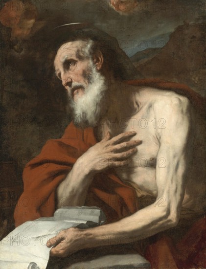 Luca Giordano (born 18 October 1634, died 3 January 1705), called Fa Presto, Italian painter and etcher of the Baroque period, St Jerome, Saint Jerome, Painting, Reproduction of the painting in its original state, Work of art, Historical, An elderly man with a beard holds a book in a classical religious depiction