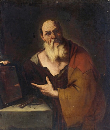 Luca Giordano (born 18 October 1634, died 3 January 1705), called Fa Presto, Italian Baroque painter and etcher, Socrates, Socrates, Painting, Reproduction of the painting in its original state, Work of art, Historical, Elderly man with long beard, pointing to book, dark background, Baroque style