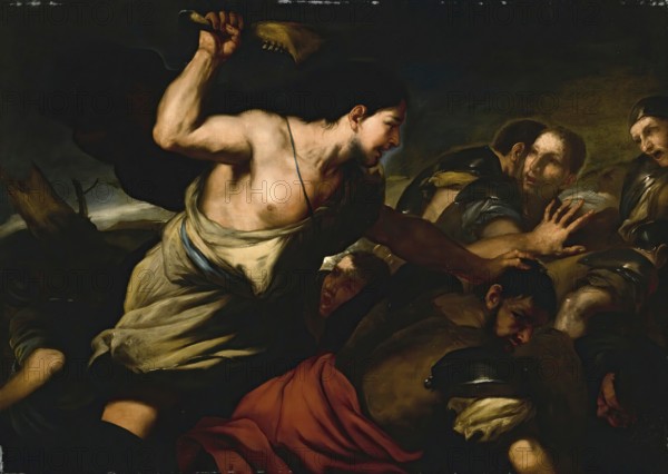 Luca Giordano (born 18 October 1634, died 3 January 1705), called Fa Presto, Italian painter and etcher of the Baroque period, Samson Slaying The Philistines, Painting, Reproduction of the painting in its original state, Work of art, Historical, Challenging battle scene, fighting men. Expression of dynamism and power in baroque style
