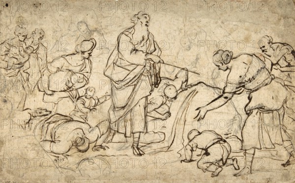 Luca Giordano (born 18 October 1634, died 3 January 1705), called Fa Presto, Italian painter and etcher of the Baroque period, Moses Striking the Rock (1634-1705), Moses Striking the Rock (1634-1705), painting, reproduction of the painting in its original state, work of art, historical, Moses above a man with a raised staff, numerous people surround him, antique depiction