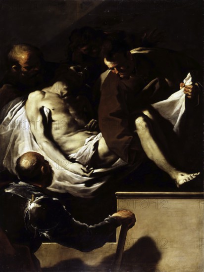 Luca Giordano (born 18 October 1634, died 3 January 1705), called Fa Presto, Italian painter and etcher of the Baroque period, Entombment Of Christ (ca. between 1659 and 1660), Painting, Reproduction of the painting in its original state, Work of art, Historical, Dramatic funeral scene of a dead man surrounded by darkness and tension