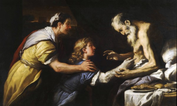 Luca Giordano (born 18 October 1634, died 3 January 1705), called Fa Presto, Italian painter and etcher of the Baroque period, Introduction of Jacob to Isaac, Painting, Reproduction of the painting in its original state, Work of art, Historical, Old man in bed with a woman and a child in an emotional, religious scene