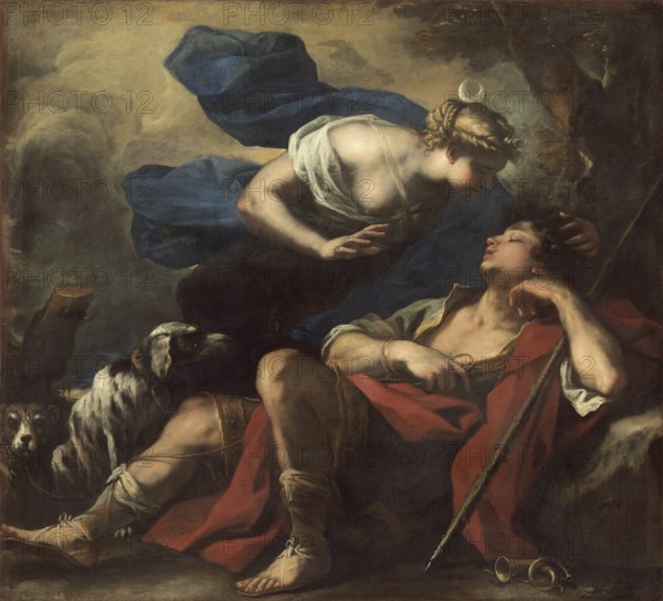 Luca Giordano (b. 18 October 1634, d. 3 January 1705), called Fa Presto, Italian Baroque painter and etcher, Diana and Endymion (c. 1675-1680), Diana and Endymion (c. 1675-1680), Painting, Reproduction of the painting in its original state, Work of art, Historical, Mythological scene with sleeping man and woman in elegant pose, accompanied by a dog