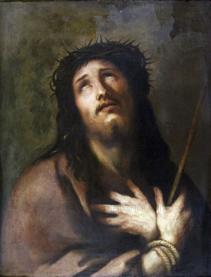 Luca Giordano (born 18 October 1634, died 3 January 1705), called Fa Presto, Italian painter and etcher of the Baroque period, Ecce Homo (1663-1664), Painting, Reproduction of the painting in its original state, Work of art, Historical, Sad man with crown of thorns and folded hands looks upwards in a dark, religious atmosphere