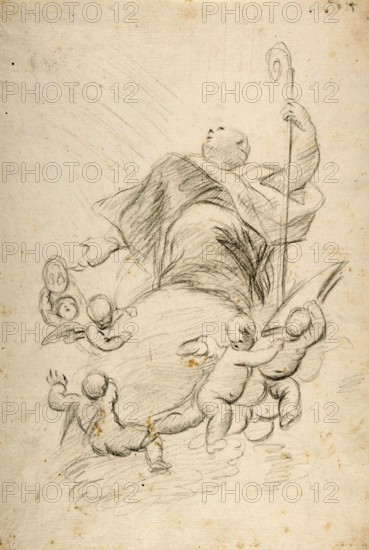 Luca Giordano (b. 18 October 1634, d. 3 January 1705), called Fa Presto, Italian painter and etcher of the Baroque period, Ascension of a Bishop Saint (1634-1705), painting, reproduction of the painting in its original state, work of art, historical, sketch of a bishop with putti, light lines and minimalist depiction on paper
